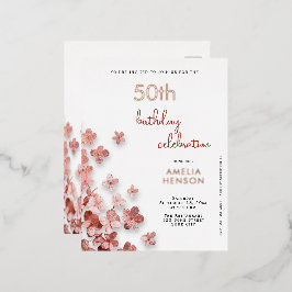 Invitación Postal Con Relieve Metalizado Flores de Purpurina Rosa Cumpleaños 50