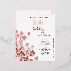 Invitación Postal Con Relieve Metalizado Flores de Purpurina Rosa Cumpleaños 50