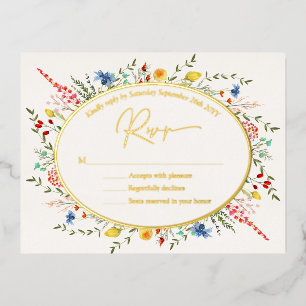 Invitación Postal Con Relieve Metalizado Flores naturales florales de primavera RSVP