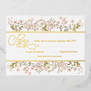 Invitación Postal Con Relieve Metalizado Flores silvestres de flores rosadas Botánicas RSVP