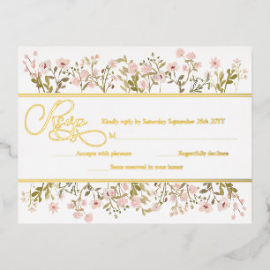 Invitación Postal Con Relieve Metalizado Flores silvestres florales rosadas Botánico RSVP O