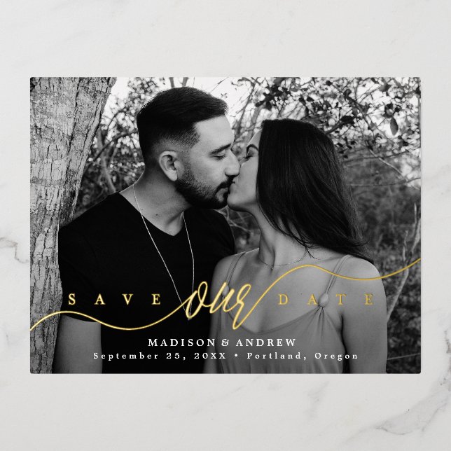 Invitación Postal Con Relieve Metalizado Flourishing Love Gold Script Guardar la fecha (Anverso)