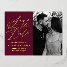 Invitación Postal Con Relieve Metalizado Foto caligráfica minimalista Guardar la fecha