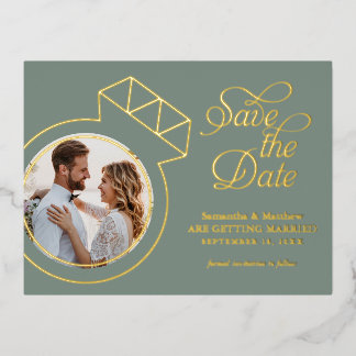 Invitación Postal Con Relieve Metalizado Foto de boda en verde salvia para guardar la fecha