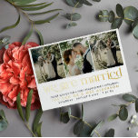 Invitación Postal Con Relieve Metalizado Foto de Oro Blanco Estamos Casados Después De La B<br><div class="desc">Elegante tipografía Relieve metalizado de oro post invitación de boda postal personalizada con tres fotos bodas y tu nuevo nombre compartido en Relieve metalizado de oro. Postal de invitación a la celebración de la celebración de la post boda en negro y oro para una recepción de bodas informal pero elegante...</div>