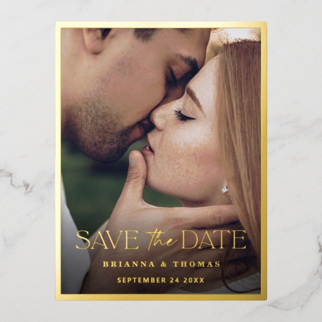 Invitación Postal Con Relieve Metalizado Foto moderna Salven la fecha Boda de oro (Anverso)