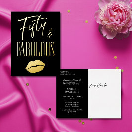 Invitación Postal Con Relieve Metalizado Fun Modern Black Fifty Fabulous Lips Birthday