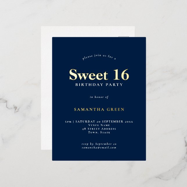 Invitación Postal Con Relieve Metalizado Glam Sweet 16 Nacimiento de la Marina Glam Azul (Anverso/Reverso)