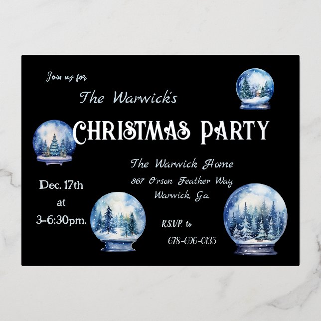 Invitación Postal Con Relieve Metalizado Globos de Nieve con Acuarela Artística Fiesta de I (Anverso)