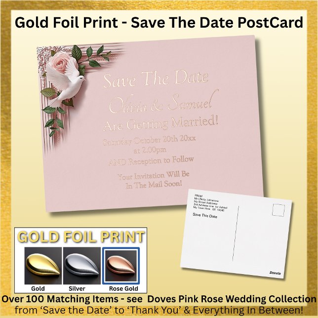 Invitación Postal Con Relieve Metalizado Gold Foil Save The Date Pink Roses Doves Postcard (Subido por el creador)