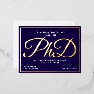 Invitación Postal Con Relieve Metalizado Graduación de doctorado en oro azul