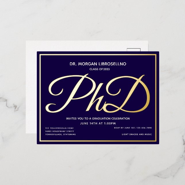 Invitación Postal Con Relieve Metalizado Graduación de doctorado en oro azul (Anverso/Reverso)