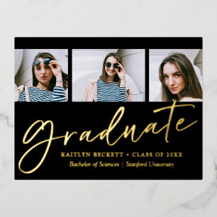 Invitación Postal Con Relieve Metalizado Graduación fotográfica de 3 guiones de moda Real