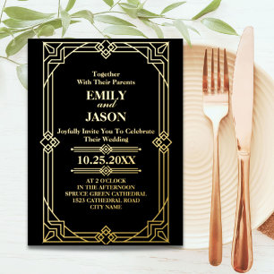 Invitación Postal Con Relieve Metalizado Grandes gatsby negro de oro geométrico por boda Ar