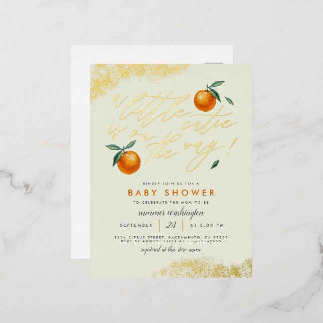 Invitación Postal Con Relieve Metalizado Green de moda Un poco cursi Naranja Baby Shower (Anverso/Reverso)