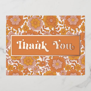 Invitación Postal Con Relieve Metalizado Groovy Retro Floral Gracias