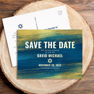 Invitación Postal Con Relieve Metalizado Guardar fecha de Bar Mitzvah moderno turquesa oro