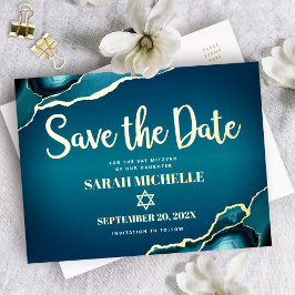 Invitación Postal Con Relieve Metalizado Guardar Fecha de Bat Mitzvah Ágata Ombre Verde Tur