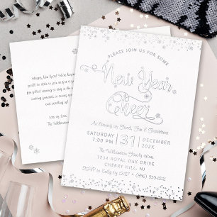 Invitación Postal Con Relieve Metalizado Guión de alegría de año nuevo Fiesta Chic Blanco P