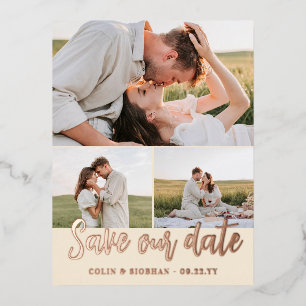 Invitación Postal Con Relieve Metalizado Guión de marfil 3 Fotos Boda Guarda Nuestro Día