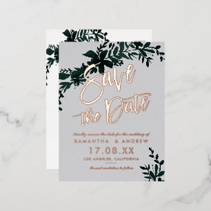 Invitación Postal Con Relieve Metalizado Guión de oro Rosa gris verde floral guardar la fec