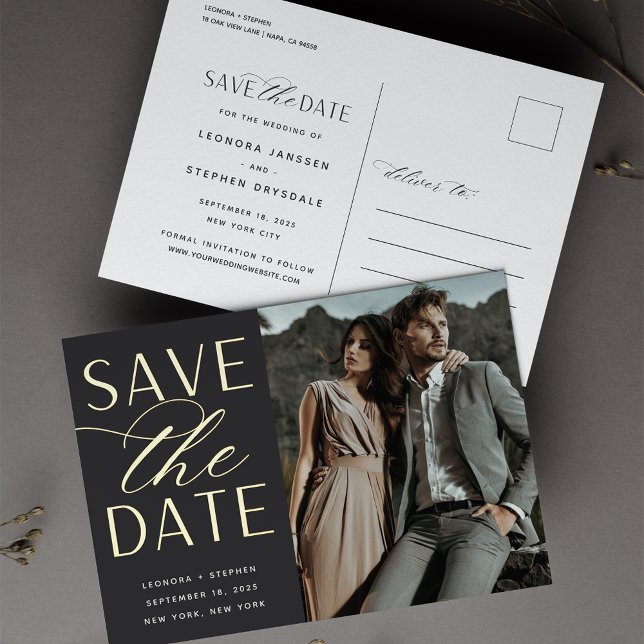 Invitación Postal Con Relieve Metalizado Guión suave | Boda fotográfica Guardar la fecha (Subido por el creador)