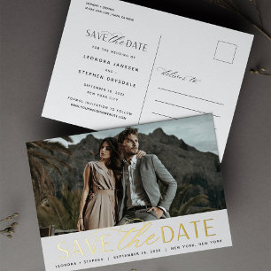 Invitación Postal Con Relieve Metalizado Guión suave   Boda fotográfica Guardar la fecha