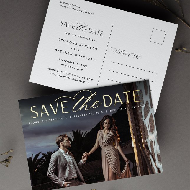 Invitación Postal Con Relieve Metalizado Guión suave | Boda fotográfica Guardar la fecha (Subido por el creador)