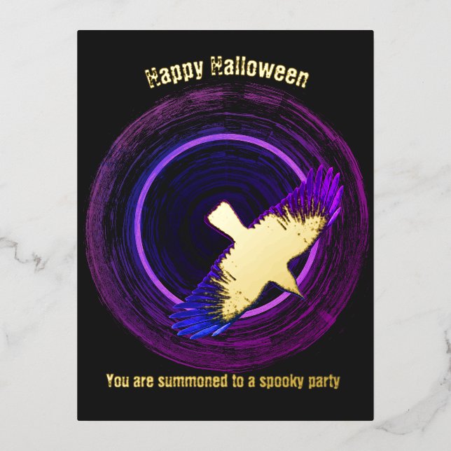 Invitación Postal Con Relieve Metalizado Halloween Black and Purple Crow (Anverso)