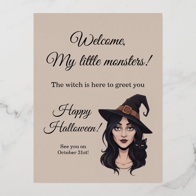 Invitación Postal Con Relieve Metalizado Halloween Invitation | Spooky Witch Greeting Card (Anverso)