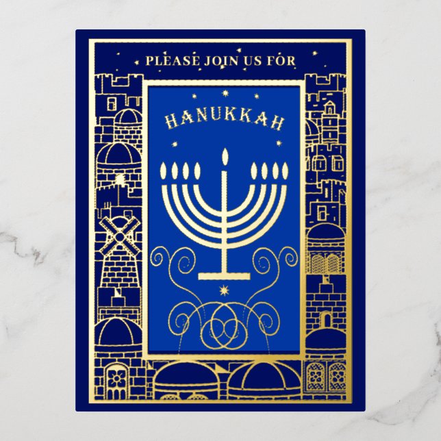 Invitación Postal Con Relieve Metalizado Happy Hanukkah Beautiful Jewish Holiday Menorah (Anverso)