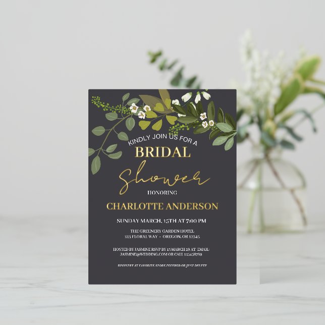Invitación Postal Con Relieve Metalizado Jardín Foliage Greenery Vines Bridal Shower Gold (Anverso de pie)