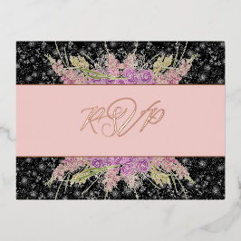 Invitación Postal Con Relieve Metalizado La Boca Rosa blush Ribbon roses on Black-Foil RSVP