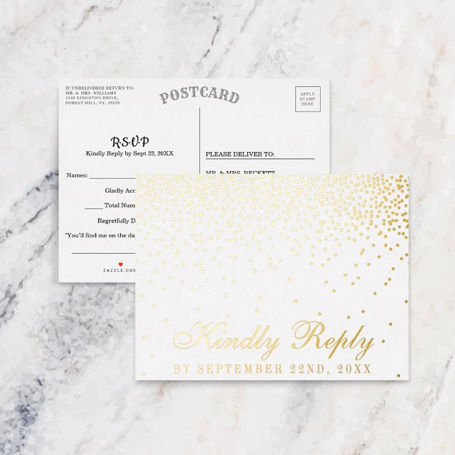 Invitación Postal Con Relieve Metalizado La Vieja Boda Glam Gold Confetti RSVP Real (Subido por el creador)