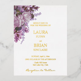 Invitación Postal Con Relieve Metalizado Lavanda, Rosas y Lilacs, Boda