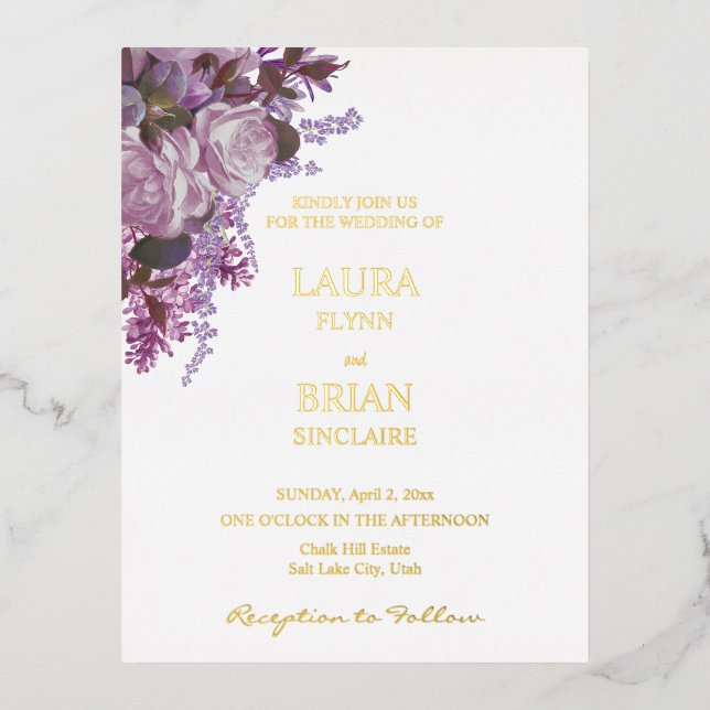 Invitación Postal Con Relieve Metalizado Lavanda, Rosas y Lilacs, Boda (Anverso)