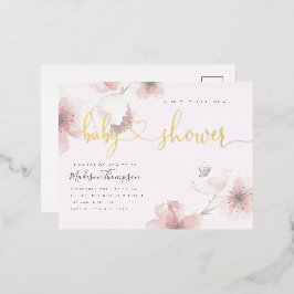 Invitación Postal Con Relieve Metalizado Lila | Cherry Blossom Gold Floral Baby Shower