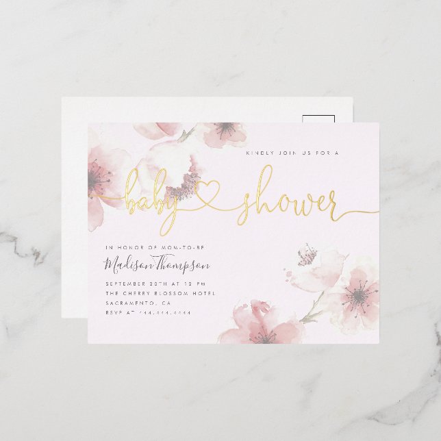 Invitación Postal Con Relieve Metalizado Lila | Cherry Blossom Gold Floral Baby Shower (Anverso/Reverso)