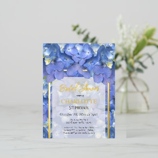 Invitación Postal Con Relieve Metalizado Lluvia de Novia de Hortensias Azules Florales