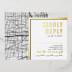 Invitación Postal Con Relieve Metalizado Localizador de amor de Chicago   Respuesta RSVP