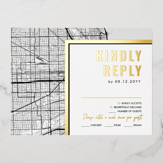 Invitación Postal Con Relieve Metalizado Localizador de amor de Chicago | Respuesta RSVP (Anverso)