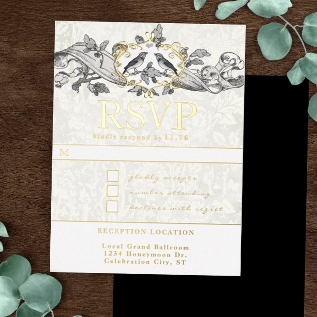 Invitación Postal Con Relieve Metalizado Love Birds Oak Leaf Scroll Wedding RSVP (Subido por el creador)