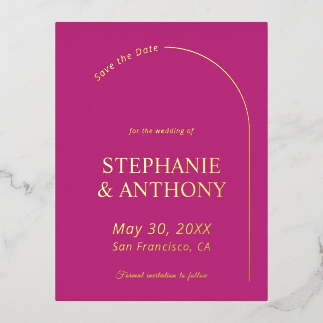 Invitación Postal Con Relieve Metalizado Magenta minimal moderna con Boda de arco (Anverso)