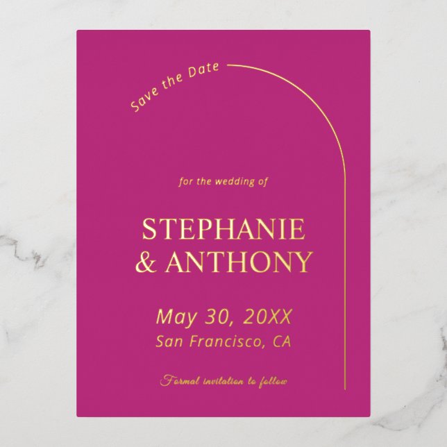 Invitación Postal Con Relieve Metalizado Mágenta minimalista moderna con boda de arco    (Anverso)