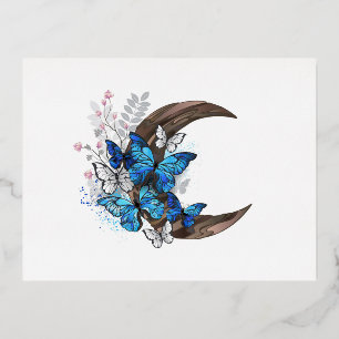 Invitación Postal Con Relieve Metalizado Mariposas azules sobre la media luna de madera