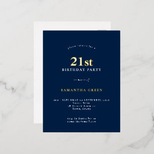 Invitación Postal Con Relieve Metalizado Minimalista 21 cumpleaños Fiesta Marina Blue Glam