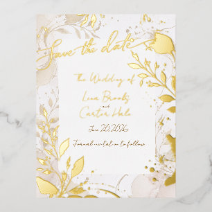 Invitación Postal Con Relieve Metalizado Minimalista Neutral Ahorra la Fecha con Hojas de A