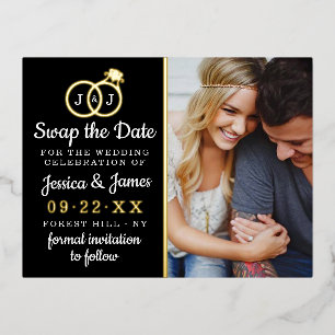 Invitación Postal Con Relieve Metalizado Moda Anillos Boda Monograma Guardar O Intercambiar