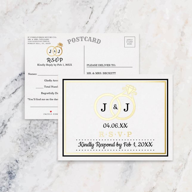 Invitación Postal Con Relieve Metalizado Moda Anillos de Boda Monograma RSVP Real (Subido por el creador)