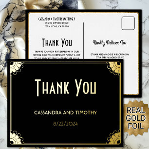 Invitación Postal Con Relieve Metalizado Moda Oro Negro Art Deco Boda Floral Gracias